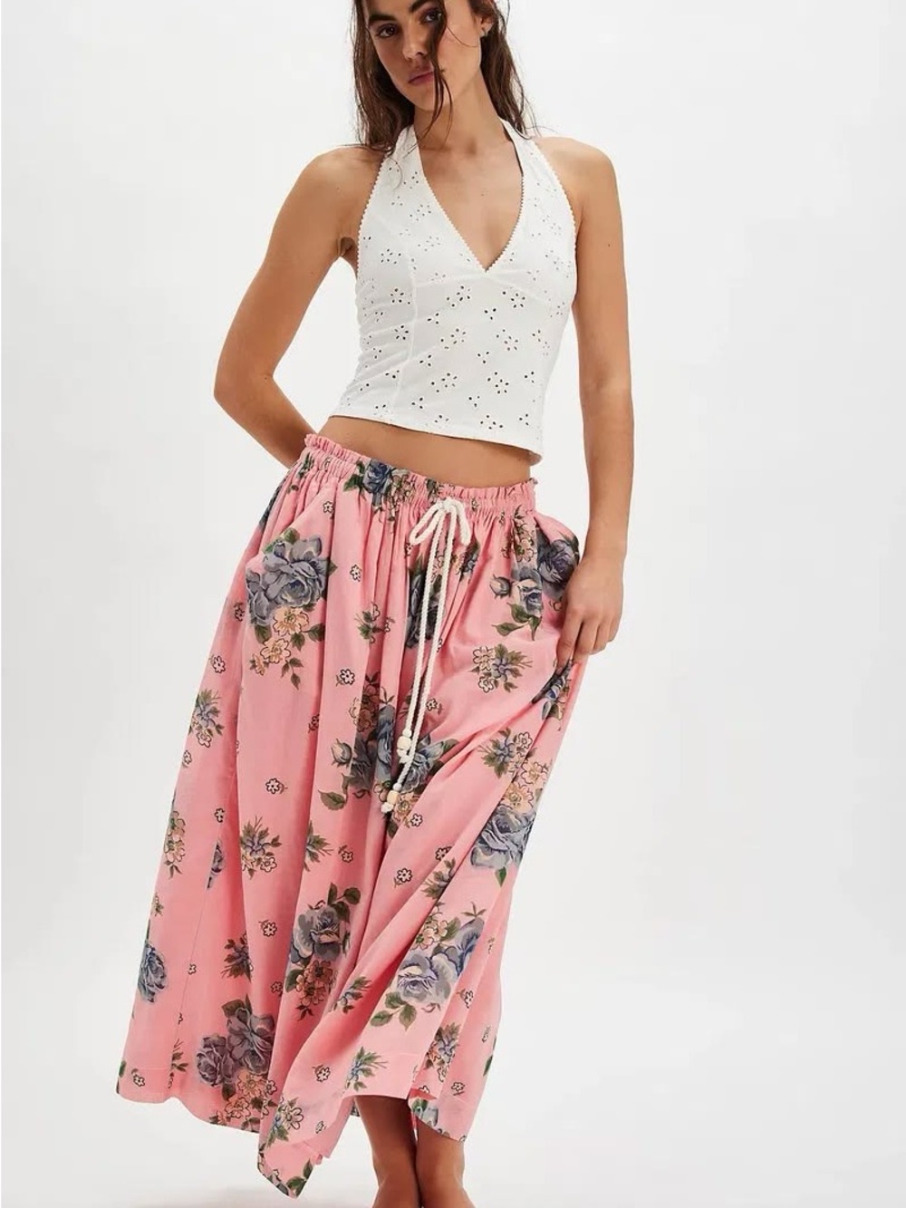 Free People Pink Floral Drawstring Maxi Skirt